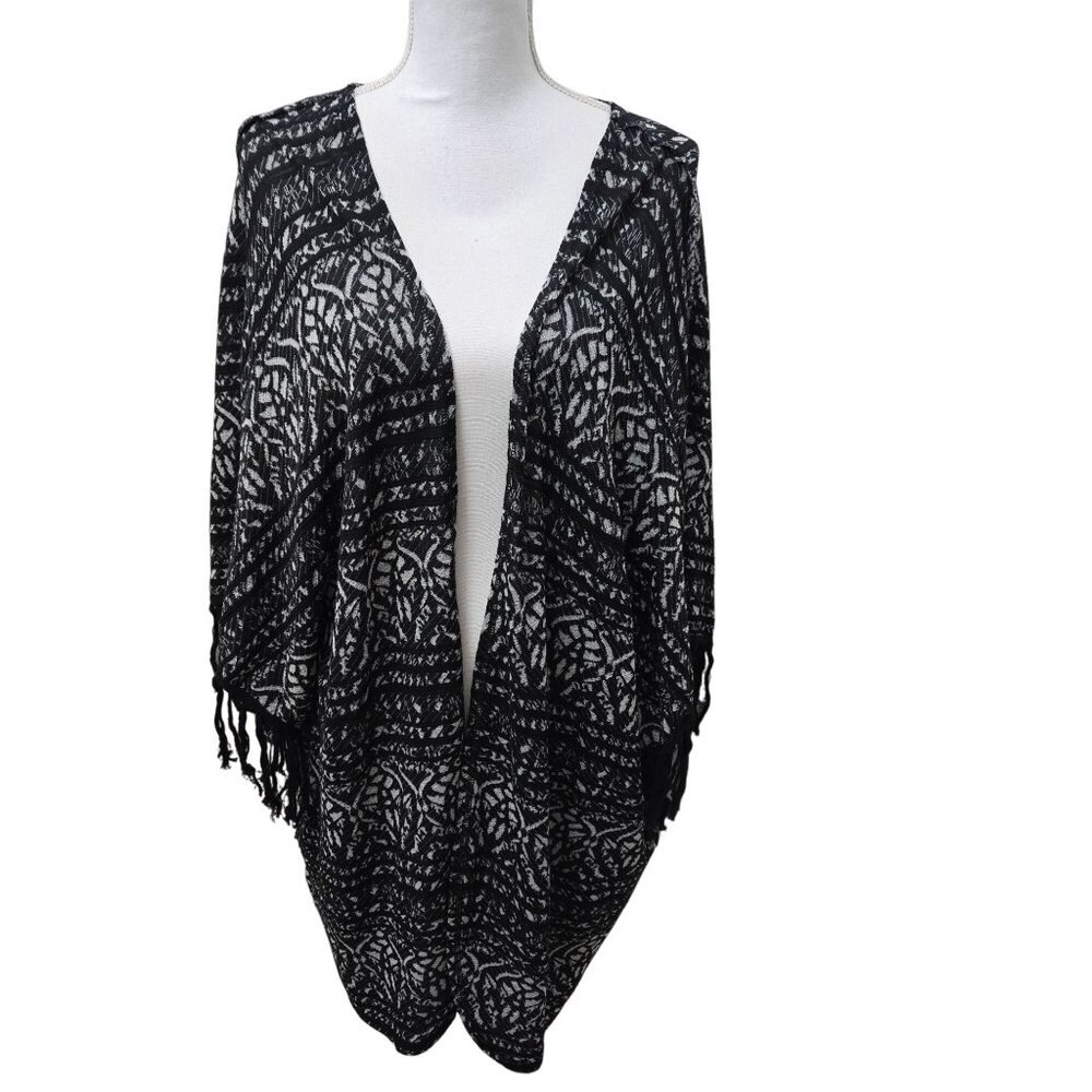 Free People Kimono Women M/L Cover up Black Gray Knit Ikat Tassels Boho Festival